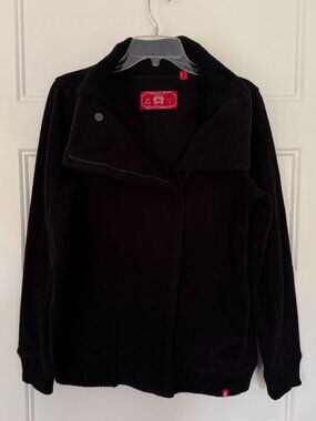 Esprit EDC - Black Asymmetrical Zip Up Fleece with Shawl Collar - Size L